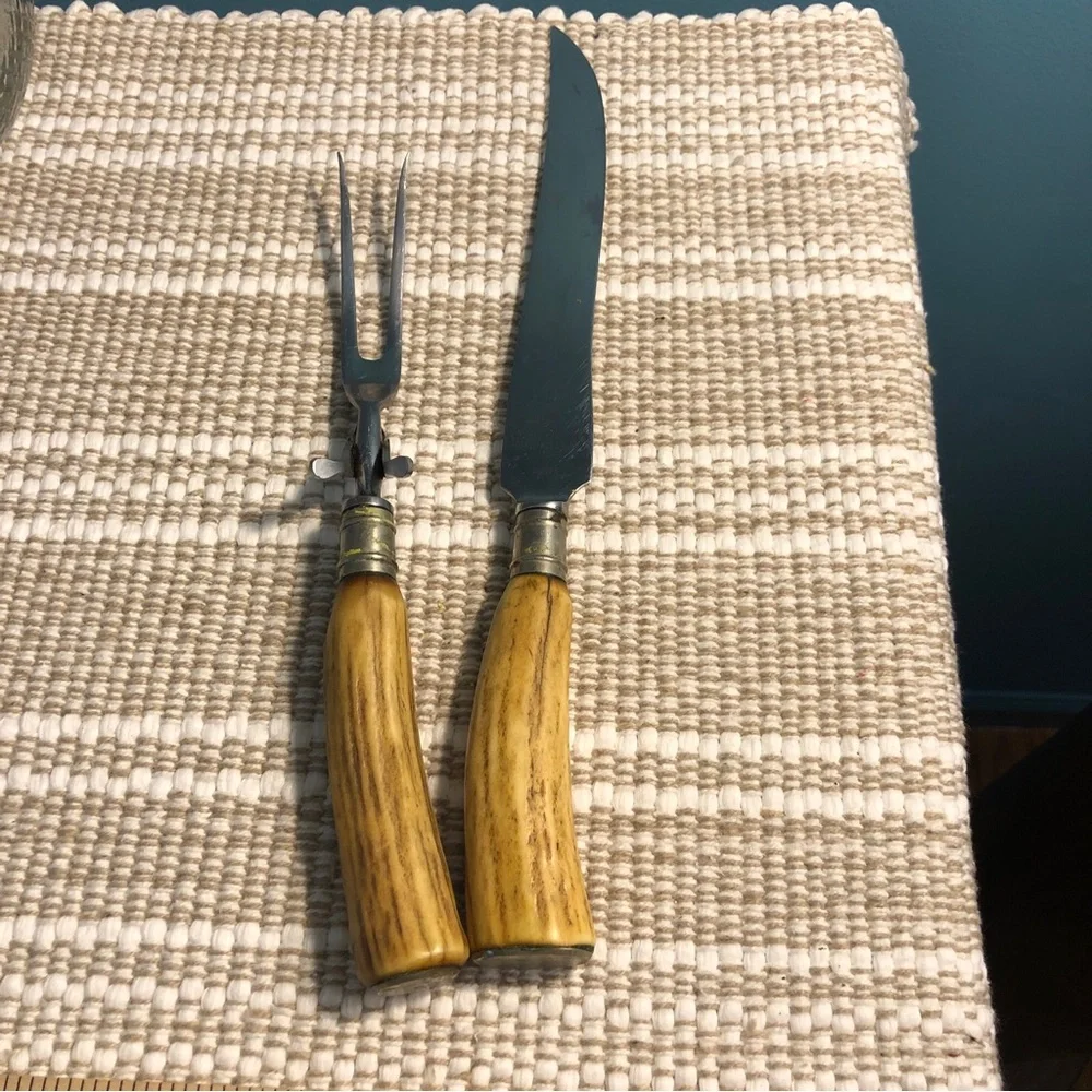 Carving Knife and Fork Set with Yellow deer antler Handles